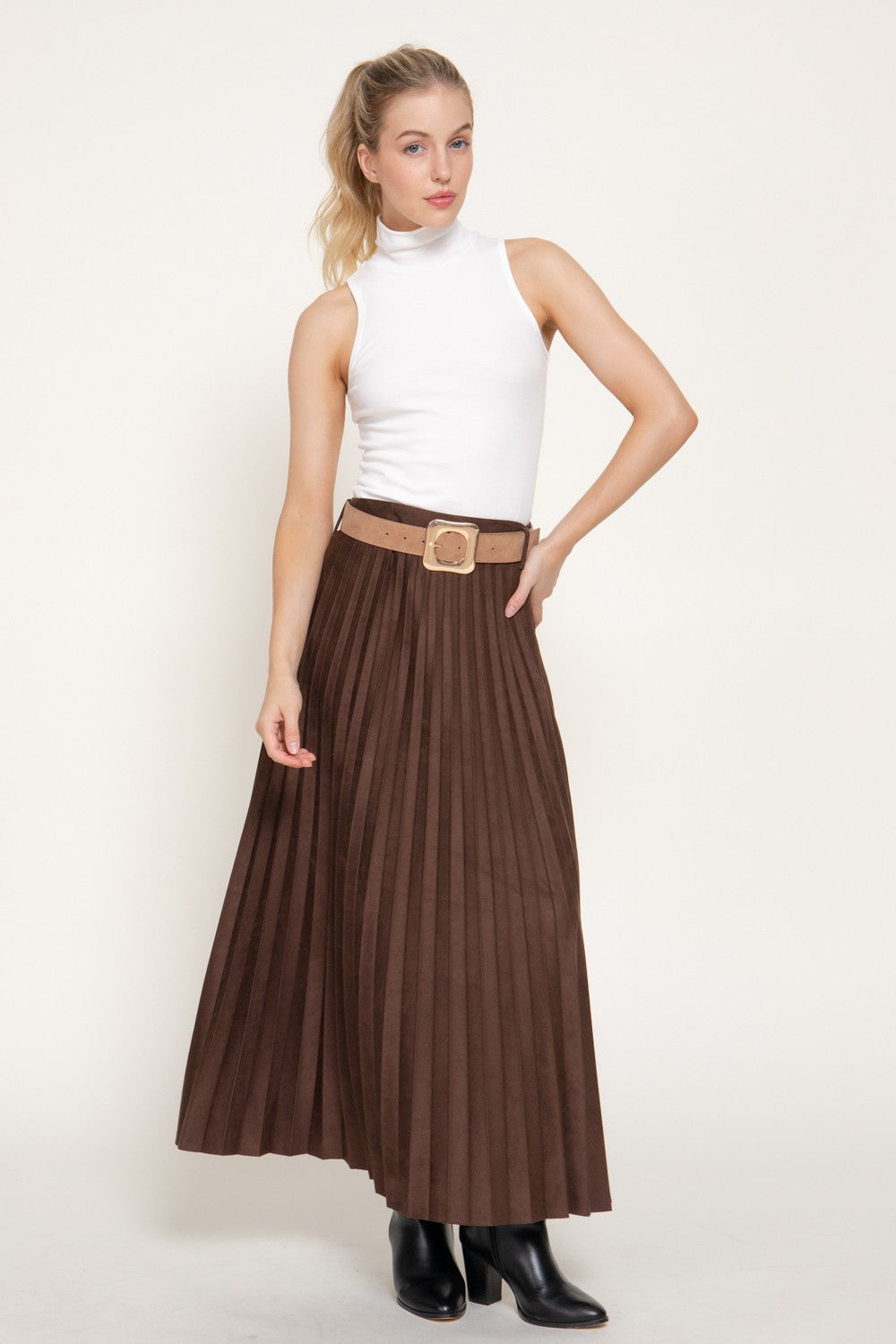 Belted Faux Suede Pleated Long Skirt