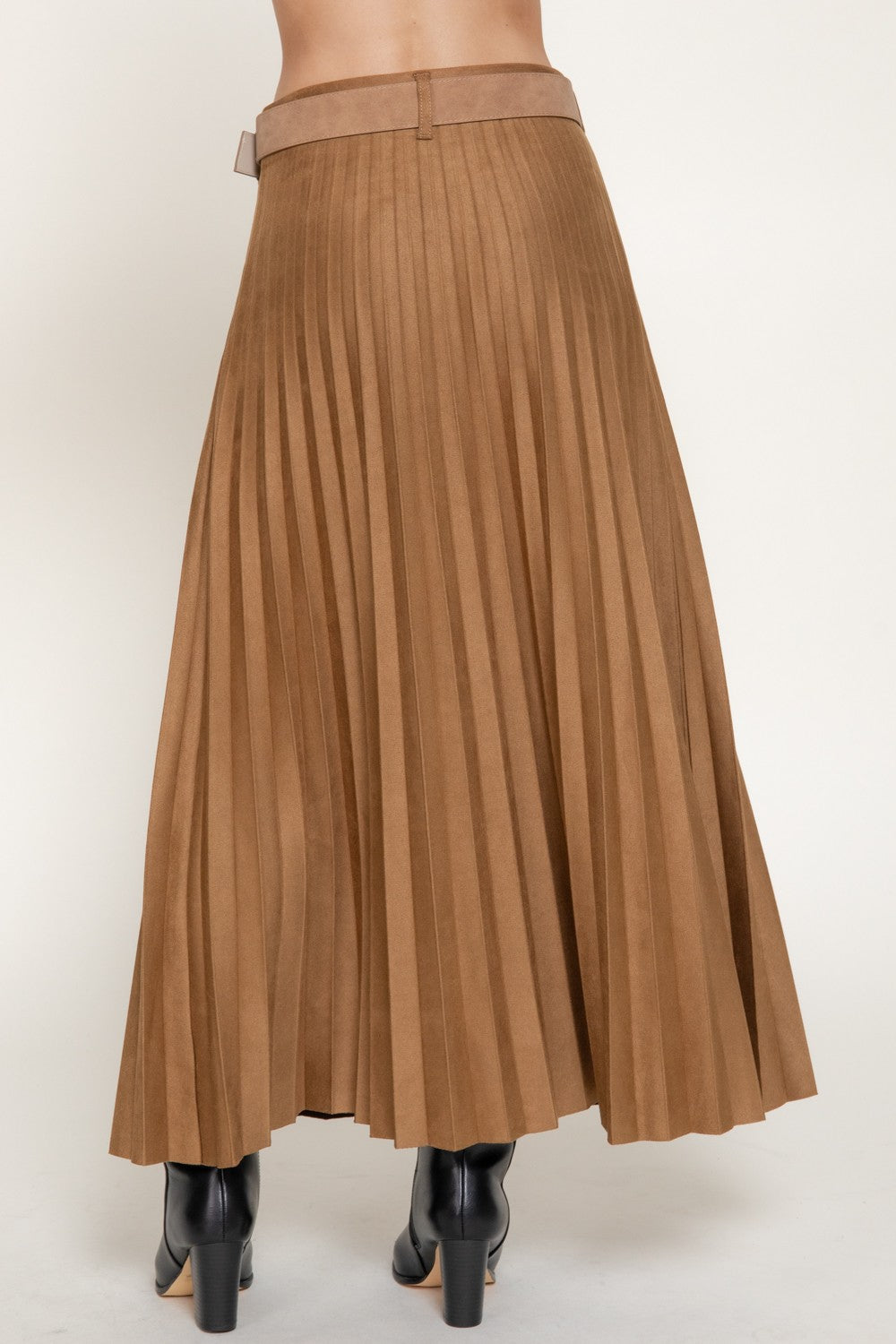 Belted Faux Suede Pleated Long Skirt