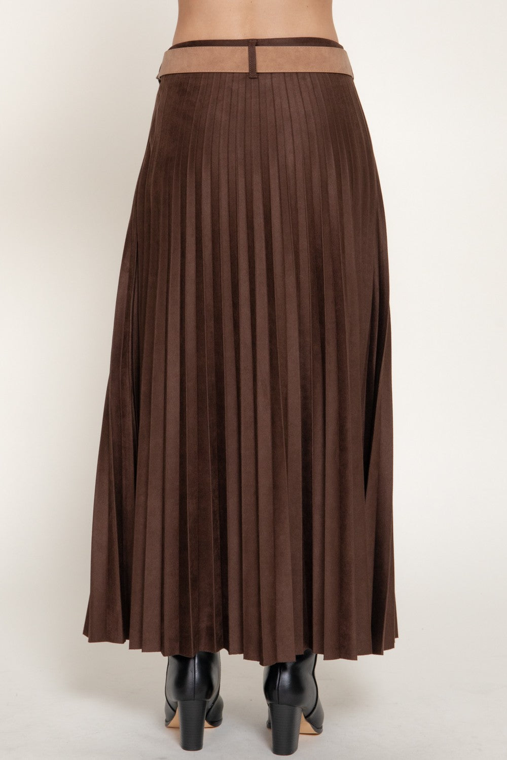 Belted Faux Suede Pleated Long Skirt