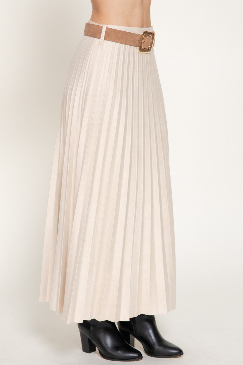 Belted Faux Suede Pleated Long Skirt