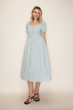 Plus Size Button Front Bubble Sleeve Midi Dress