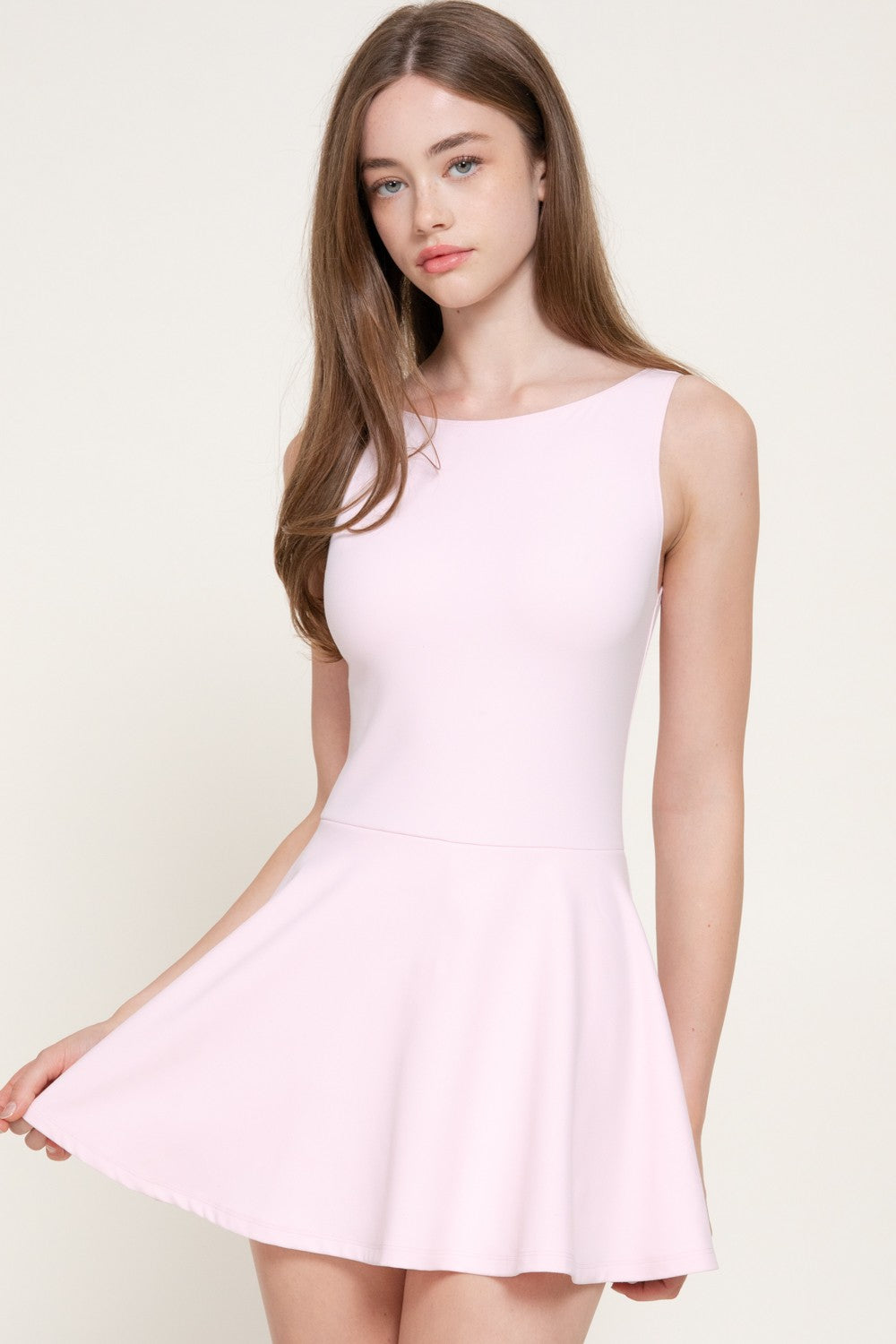 Sleeveless Boat Neck Flare Mini Dress