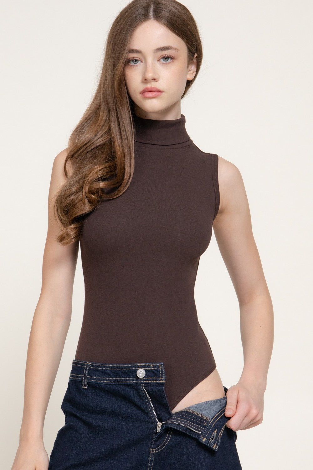 Sleeveless Turtle Neck Ribbed Knit Bodysuit