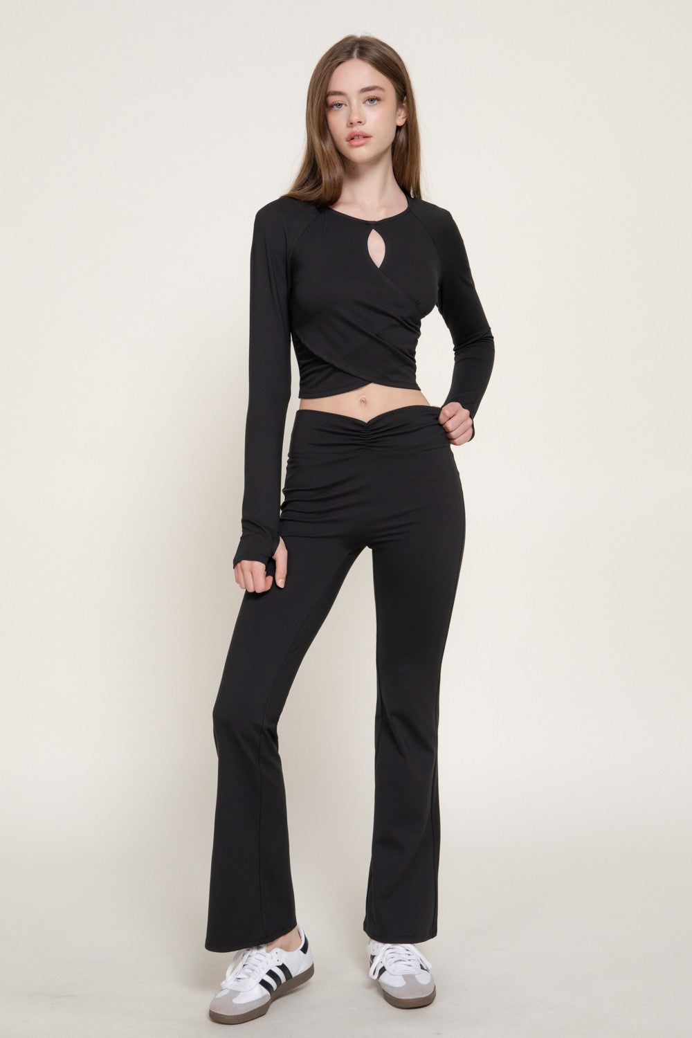 Long Sleeve Keyhole Shirring Workout Top
