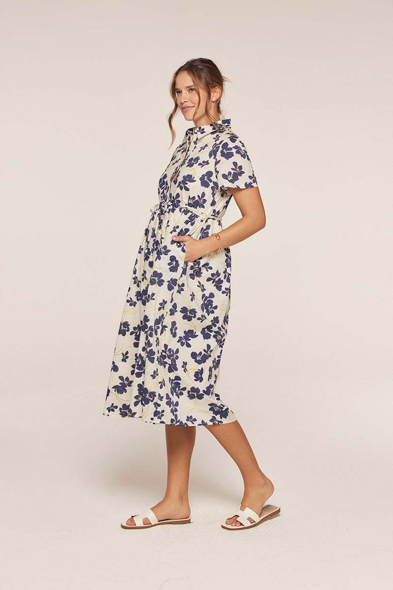 Floral Button Front Tie Waist Midi Dress