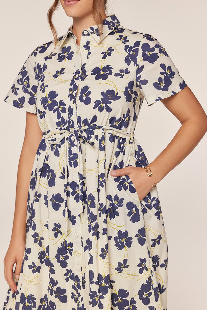 Floral Button Front Tie Waist Midi Dress