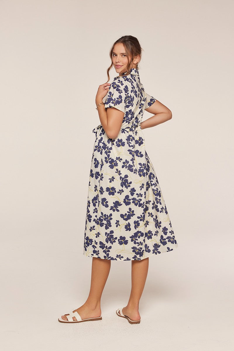 Floral Button Front Tie Waist Midi Dress