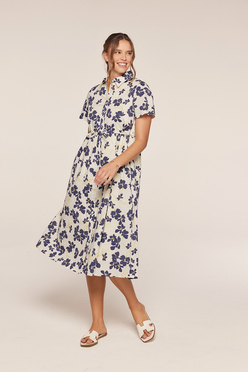 Floral Button Front Tie Waist Midi Dress