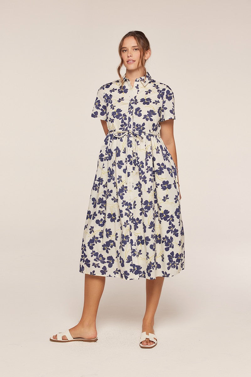 Floral Button Front Tie Waist Midi Dress