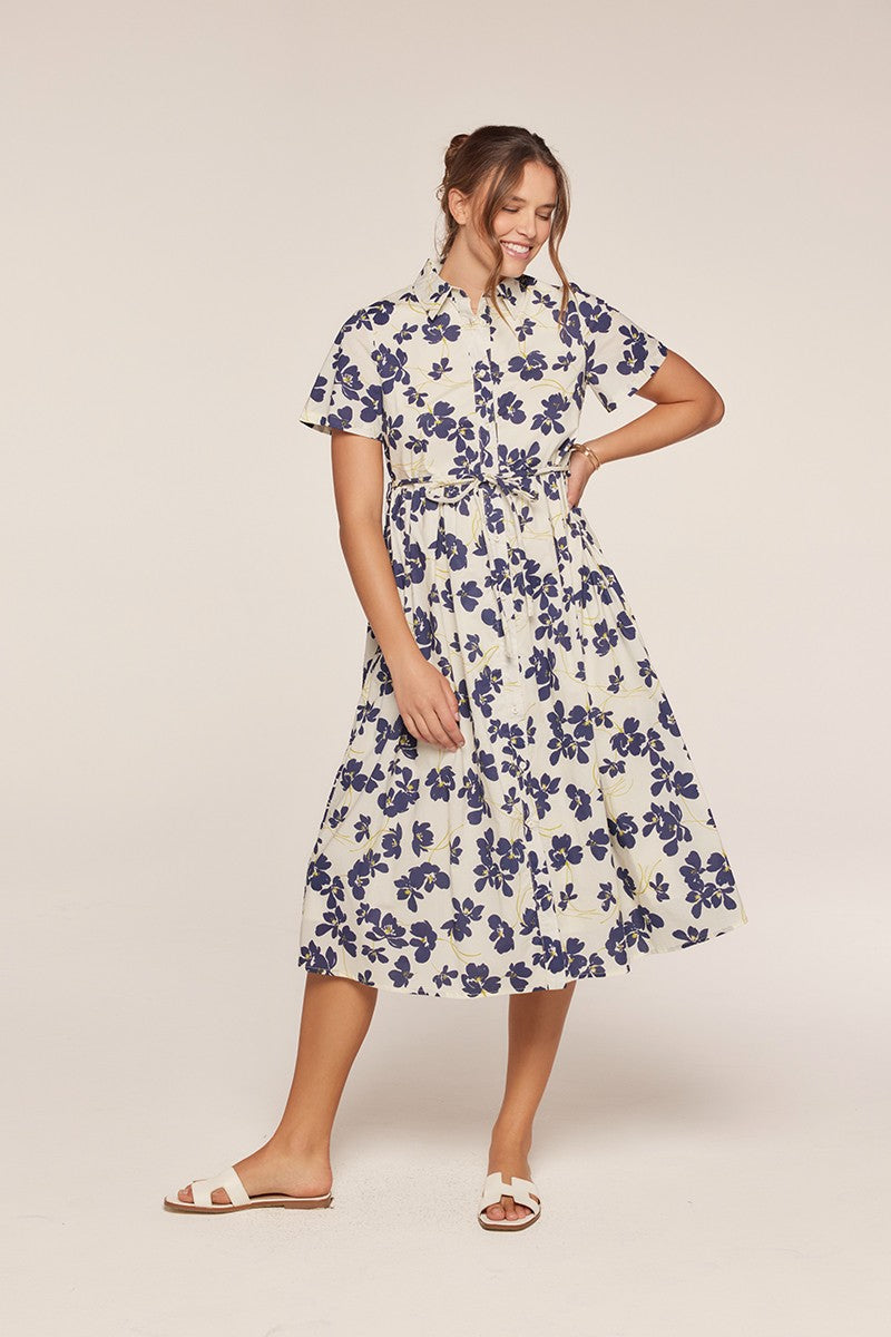 Floral Button Front Tie Waist Midi Dress