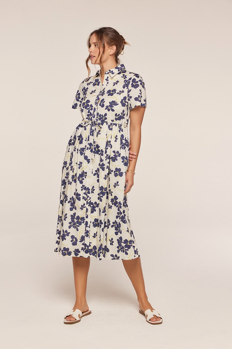 Floral Button Front Tie Waist Midi Dress