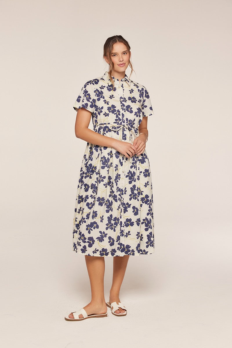Floral Button Front Tie Waist Midi Dress