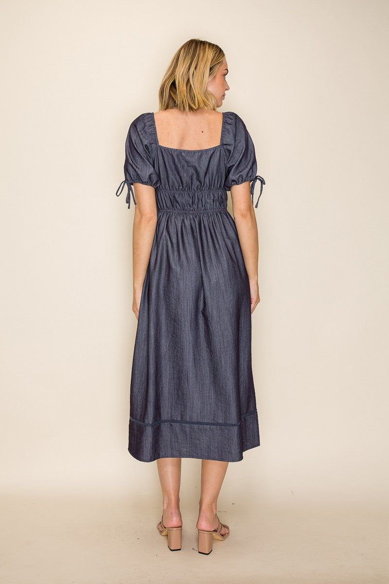 Chambray Square Neck Ruched Waist Midi Dress