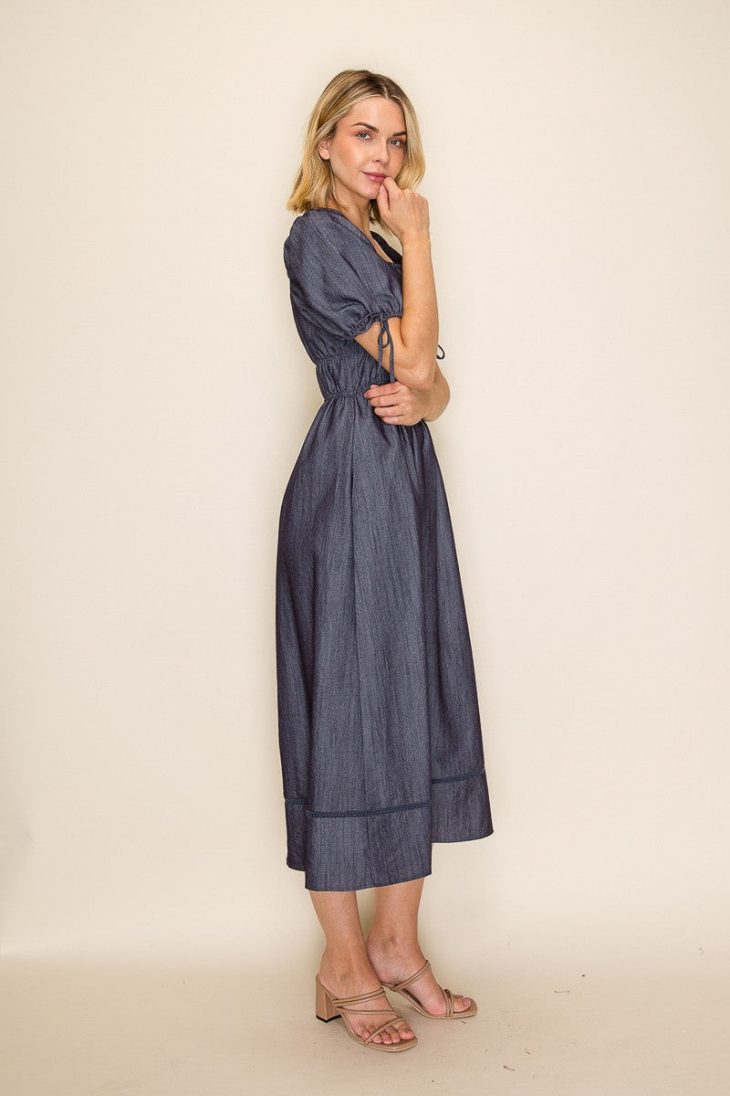 Chambray Square Neck Ruched Waist Midi Dress