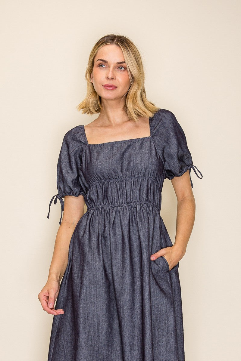 Chambray Square Neck Ruched Waist Midi Dress