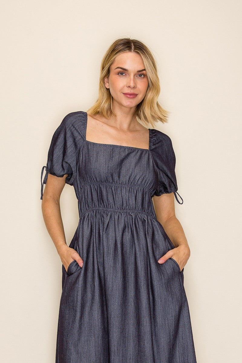 Chambray Square Neck Ruched Waist Midi Dress
