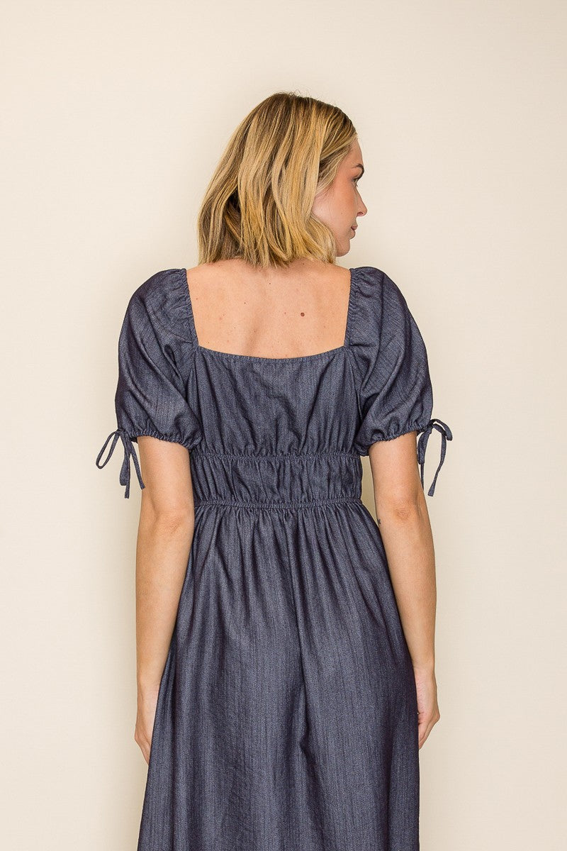 Chambray Square Neck Ruched Waist Midi Dress