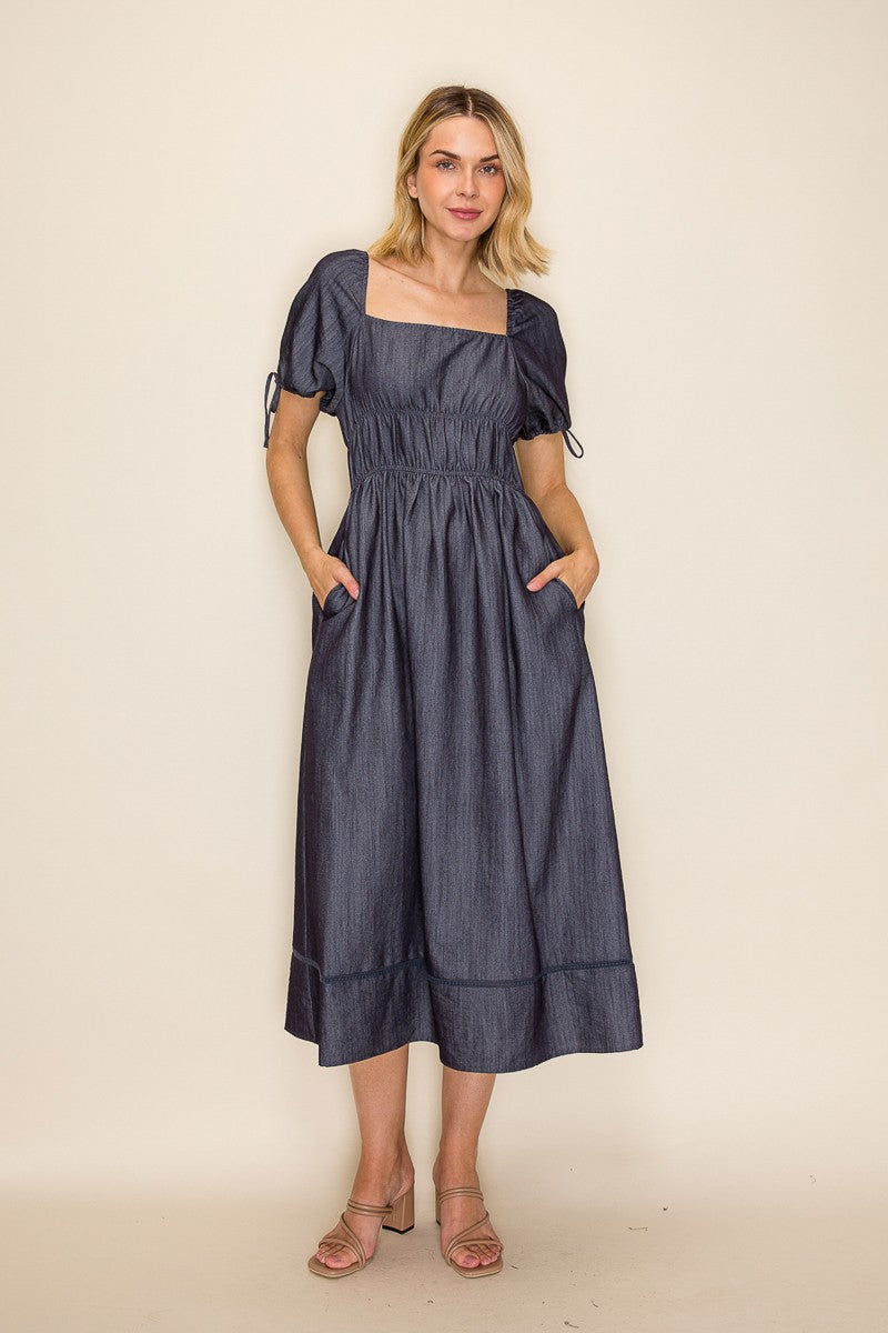 Chambray Square Neck Ruched Waist Midi Dress