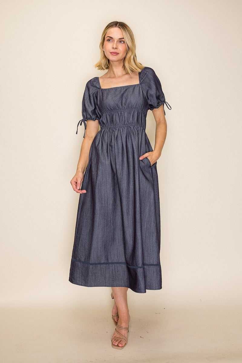 Chambray Square Neck Ruched Waist Midi Dress