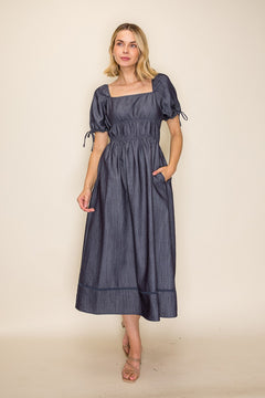 Chambray Square Neck Ruched Waist Midi Dress