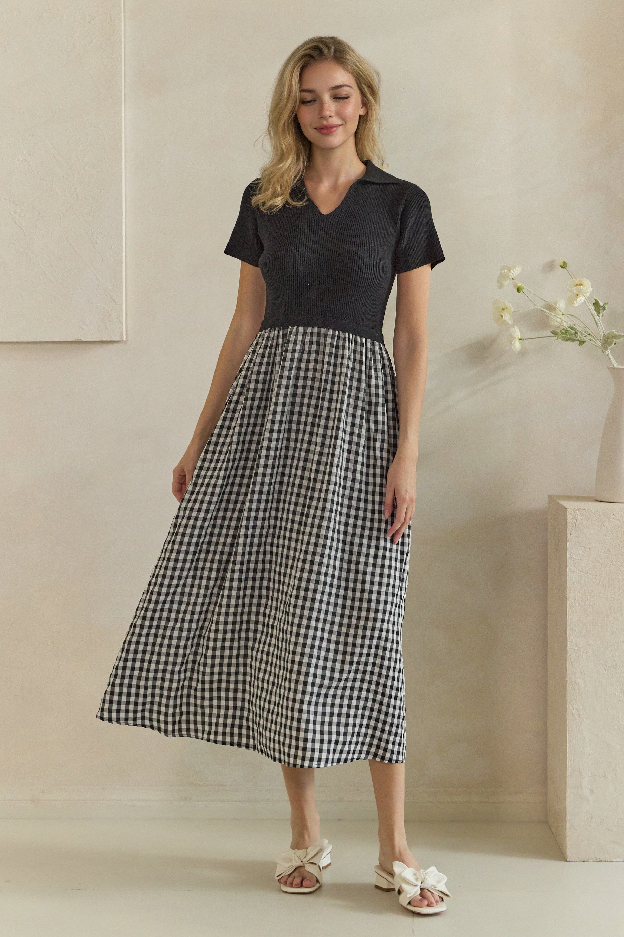 Ribbed Polo Gingham Mixed Media Midi Dress