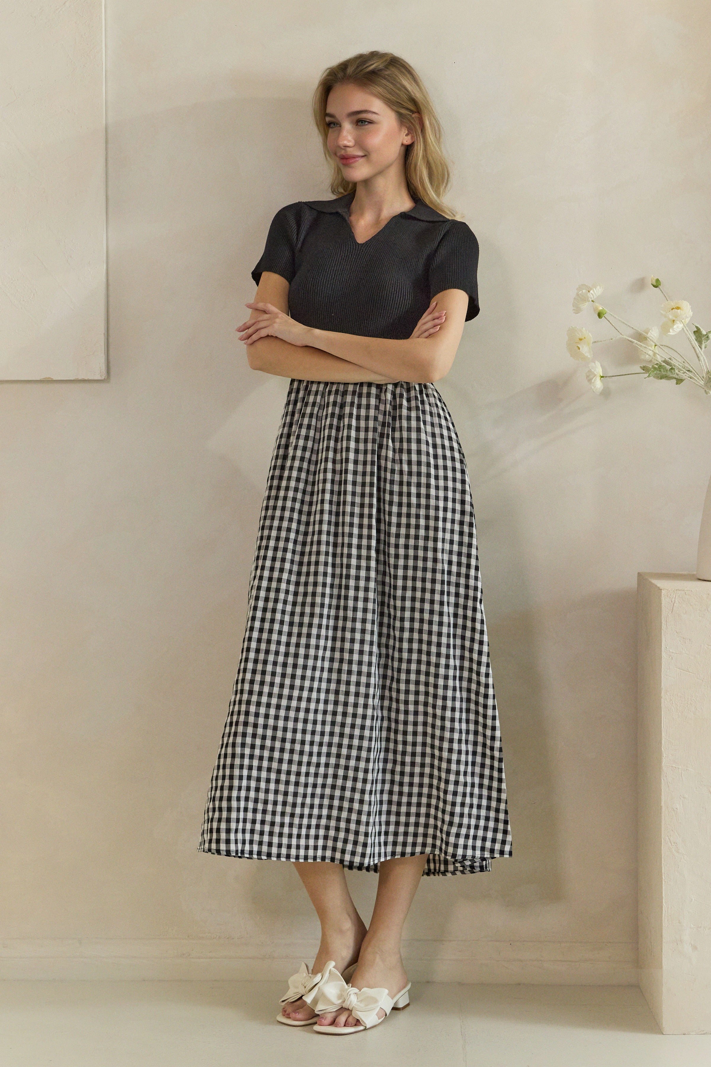 Ribbed Polo Gingham Mixed Media Midi Dress