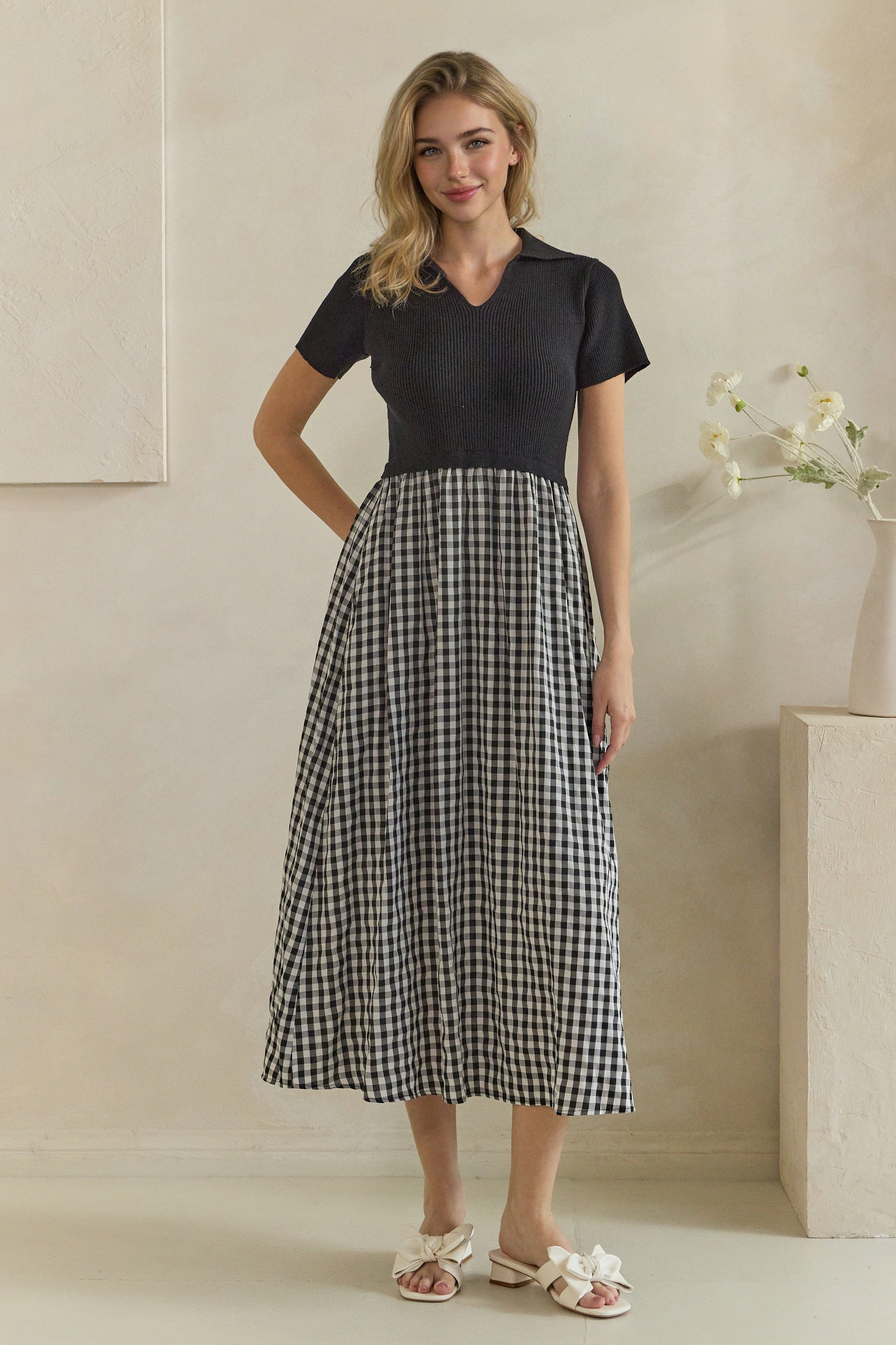 Ribbed Polo Gingham Mixed Media Midi Dress