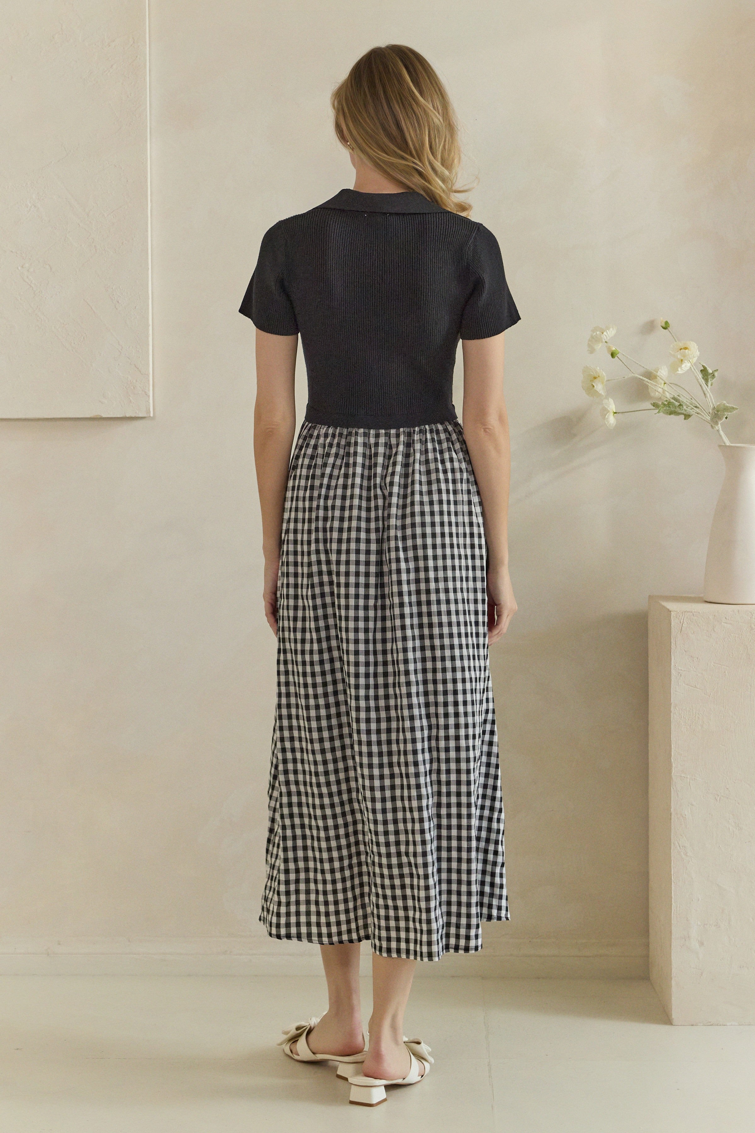 Ribbed Polo Gingham Mixed Media Midi Dress