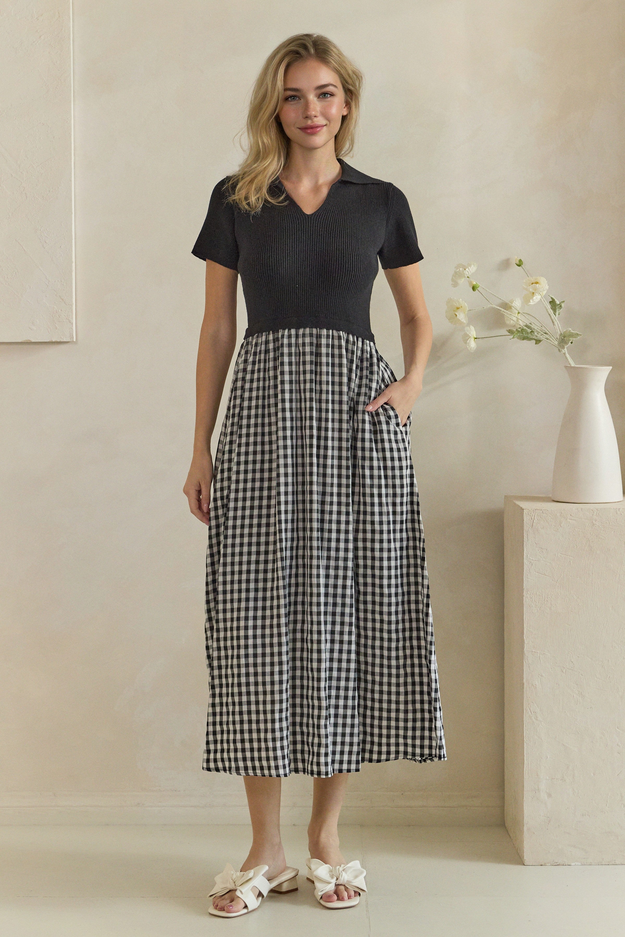 Ribbed Polo Gingham Mixed Media Midi Dress