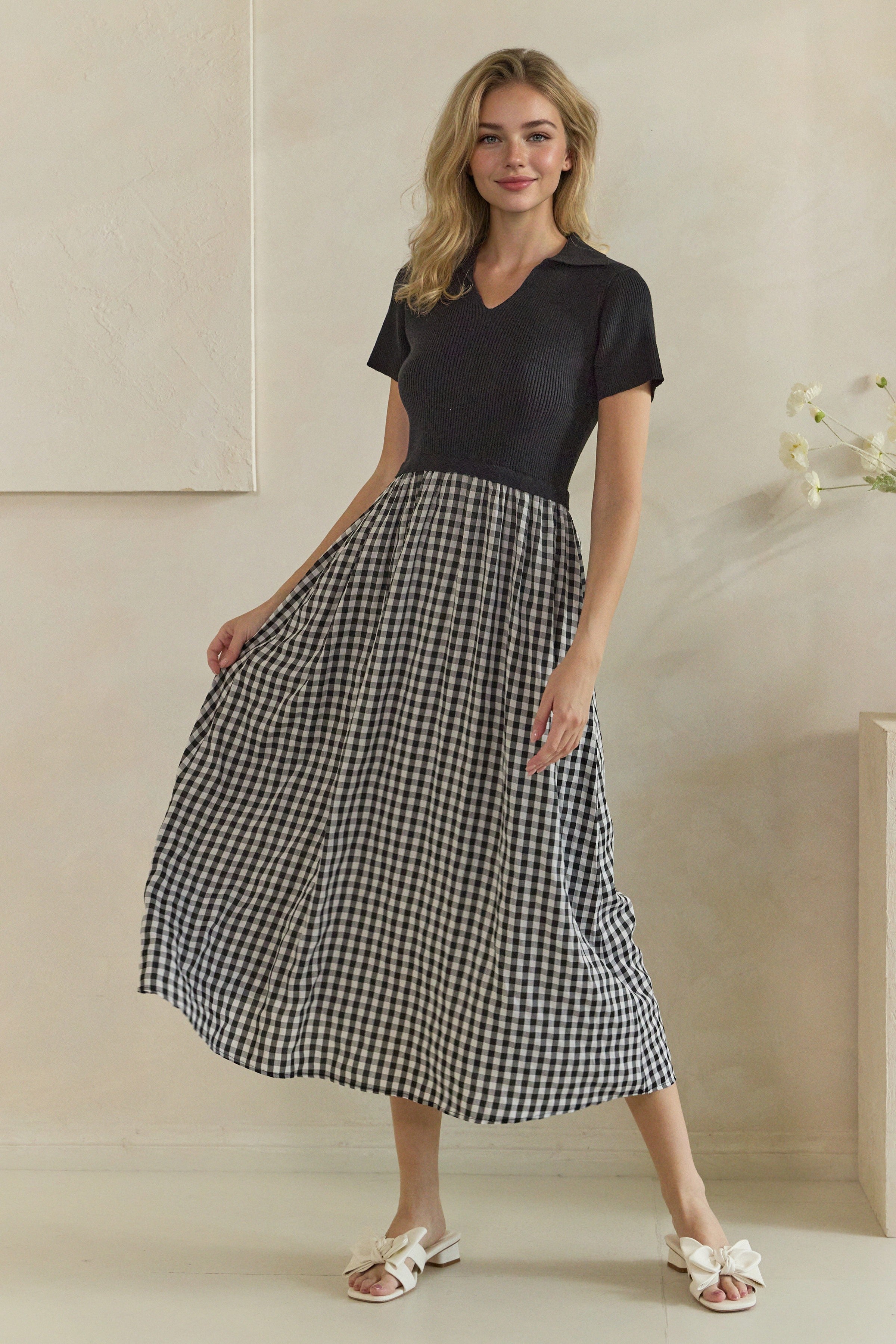 Ribbed Polo Gingham Mixed Media Midi Dress