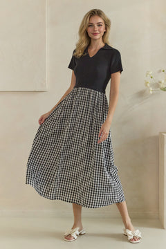 Ribbed Polo Gingham Mixed Media Midi Dress