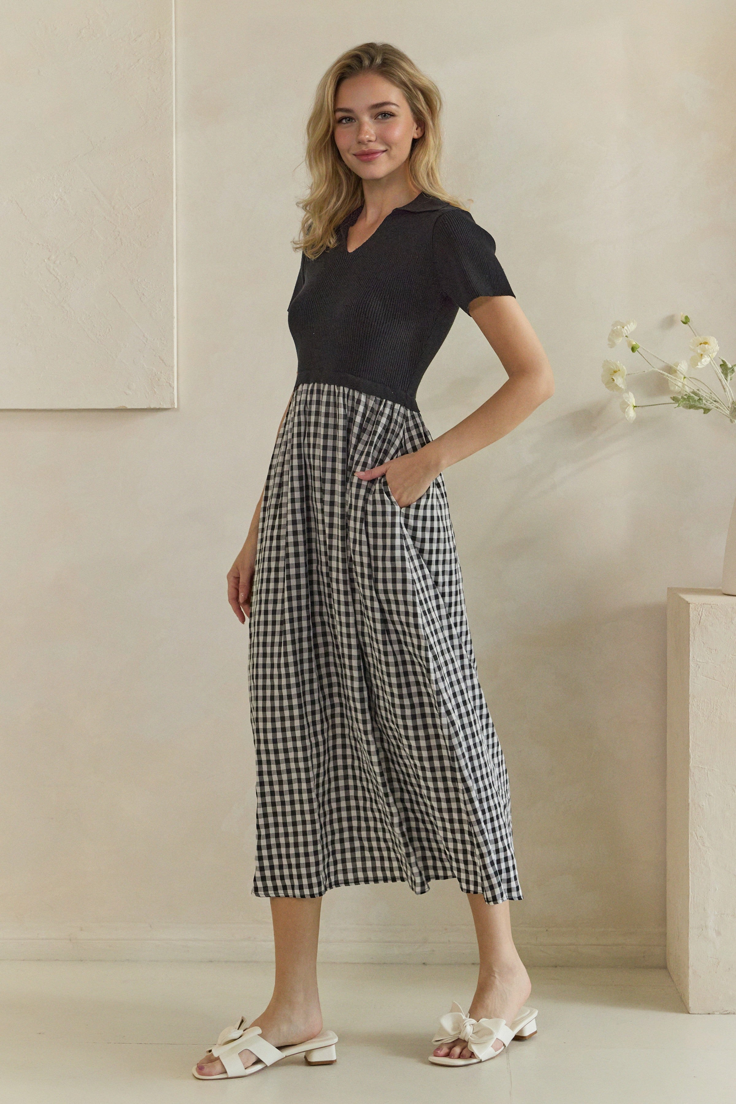 Ribbed Polo Gingham Mixed Media Midi Dress