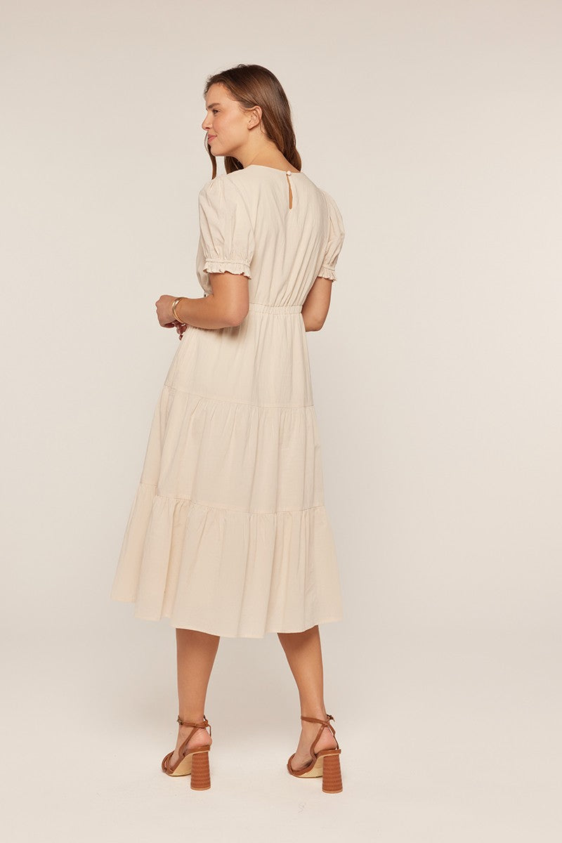 Contrast Ribbon Tie Waist Tiered Midi Dress