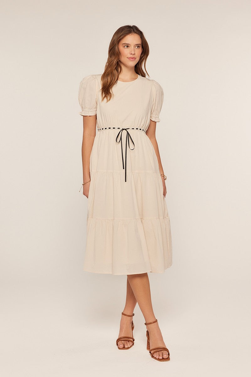 Contrast Ribbon Tie Waist Tiered Midi Dress