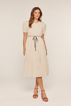 Contrast Ribbon Tie Waist Tiered Midi Dress