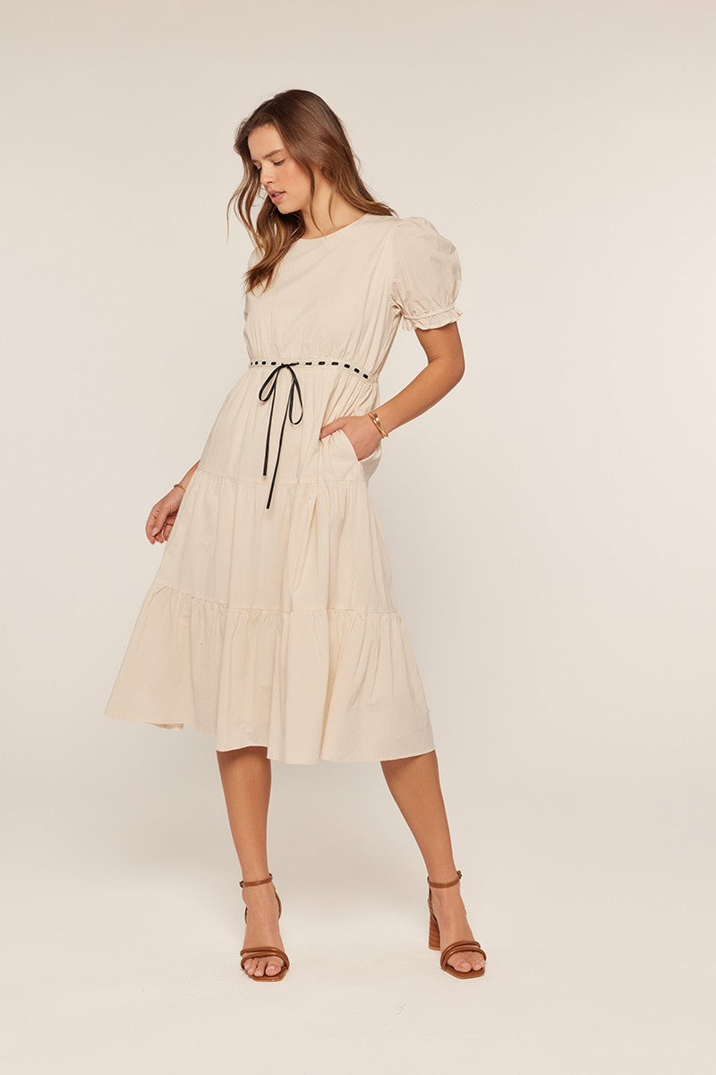 Contrast Ribbon Tie Waist Tiered Midi Dress