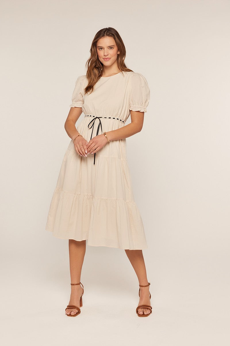 Contrast Ribbon Tie Waist Tiered Midi Dress