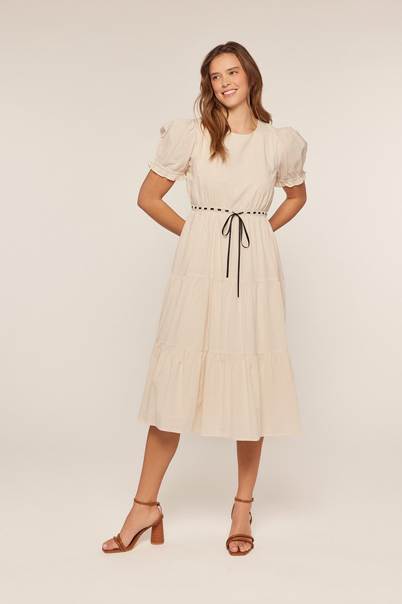 Contrast Ribbon Tie Waist Tiered Midi Dress