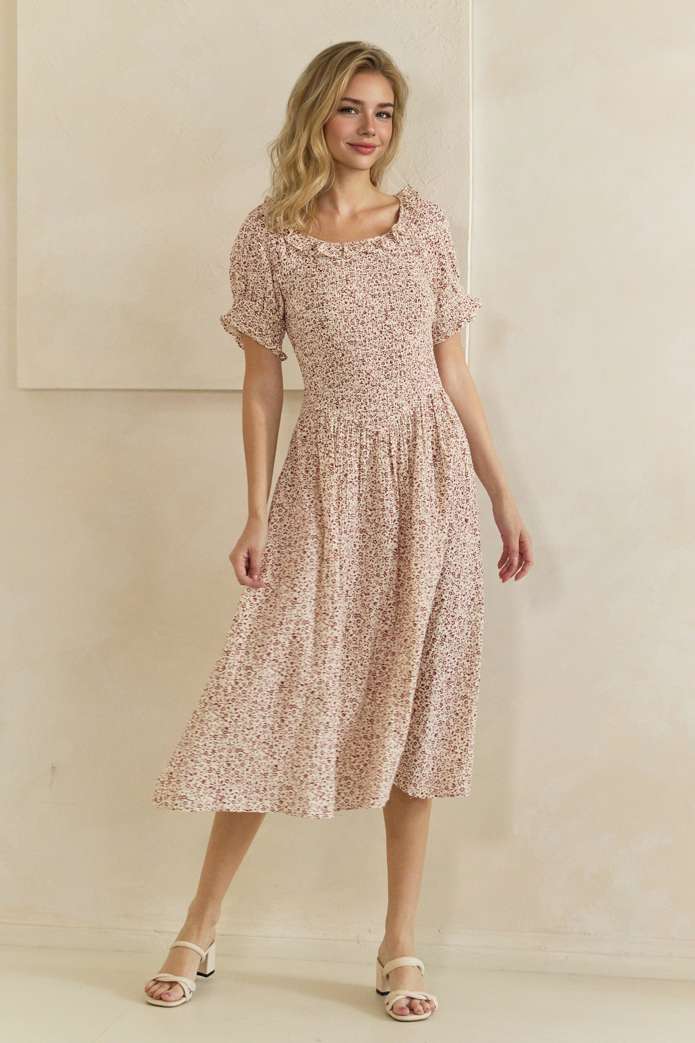 Ditsy Floral Smocked Ruffle Sleeve Midi Dress