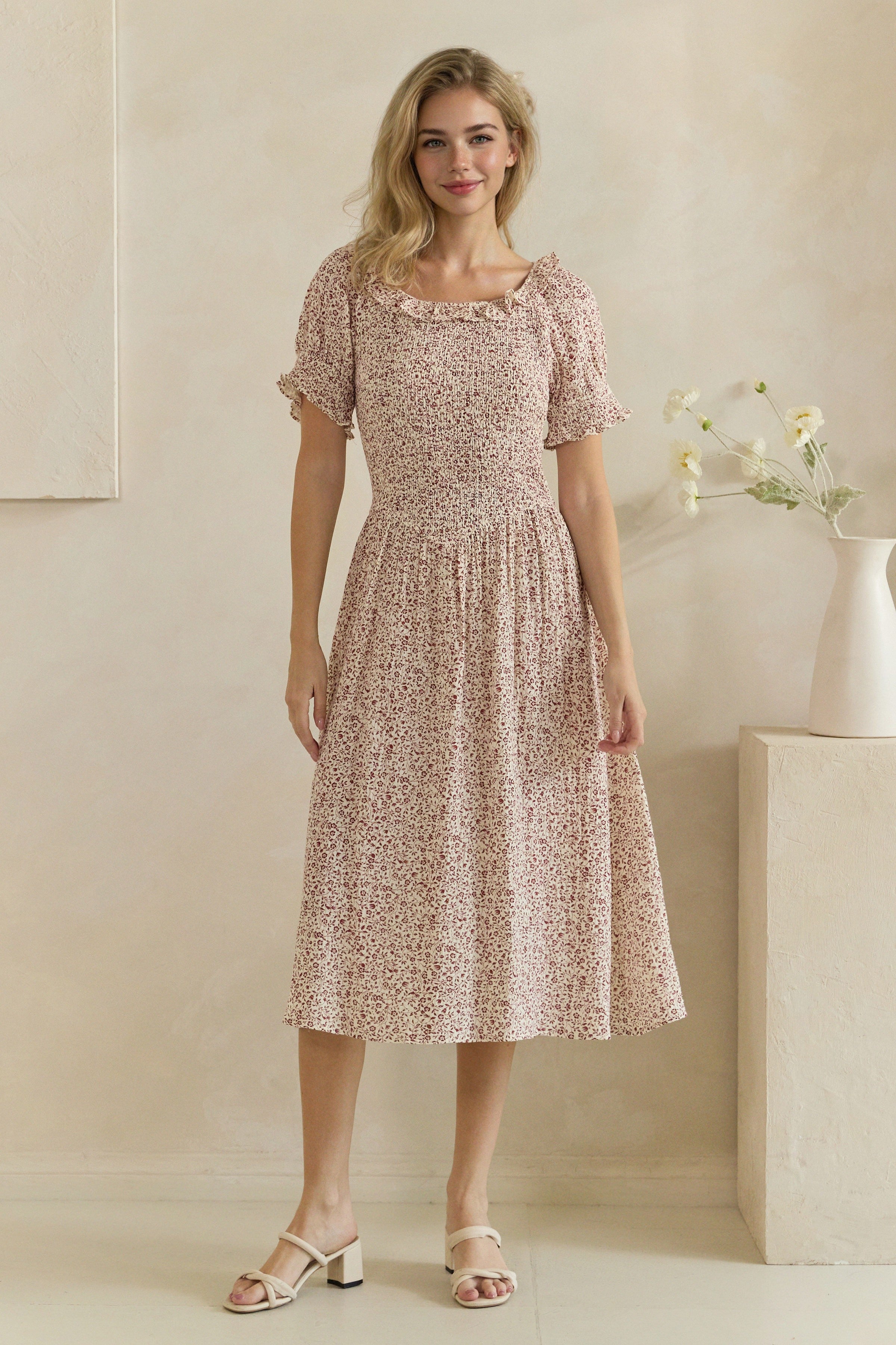 Ditsy Floral Smocked Ruffle Sleeve Midi Dress