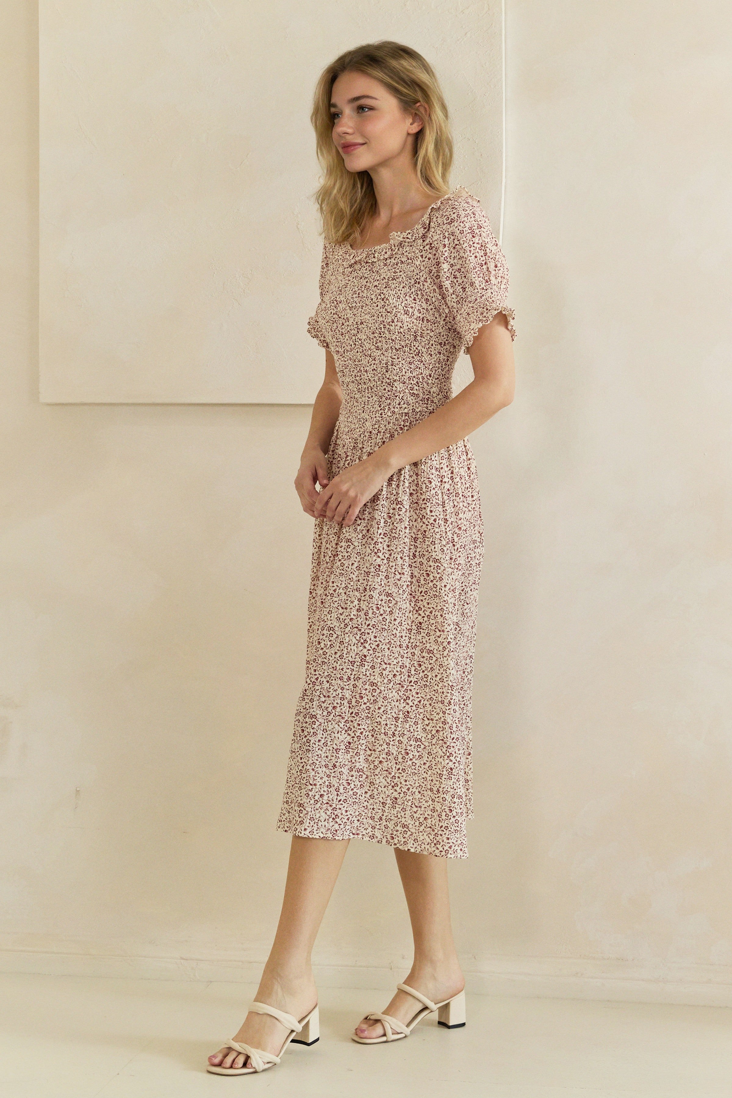 Ditsy Floral Smocked Ruffle Sleeve Midi Dress