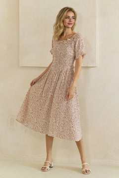 Ditsy Floral Smocked Ruffle Sleeve Midi Dress