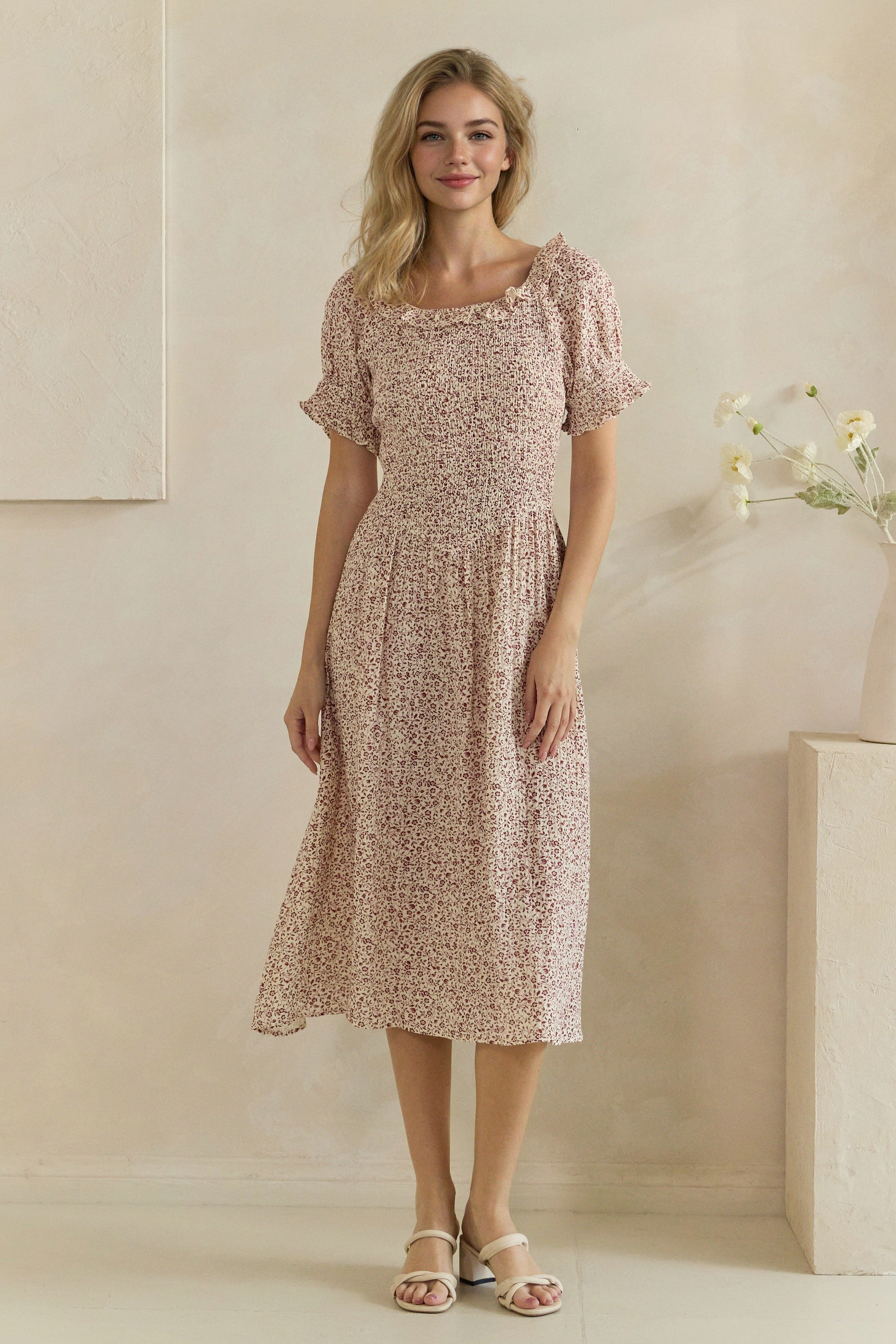 Ditsy Floral Smocked Ruffle Sleeve Midi Dress