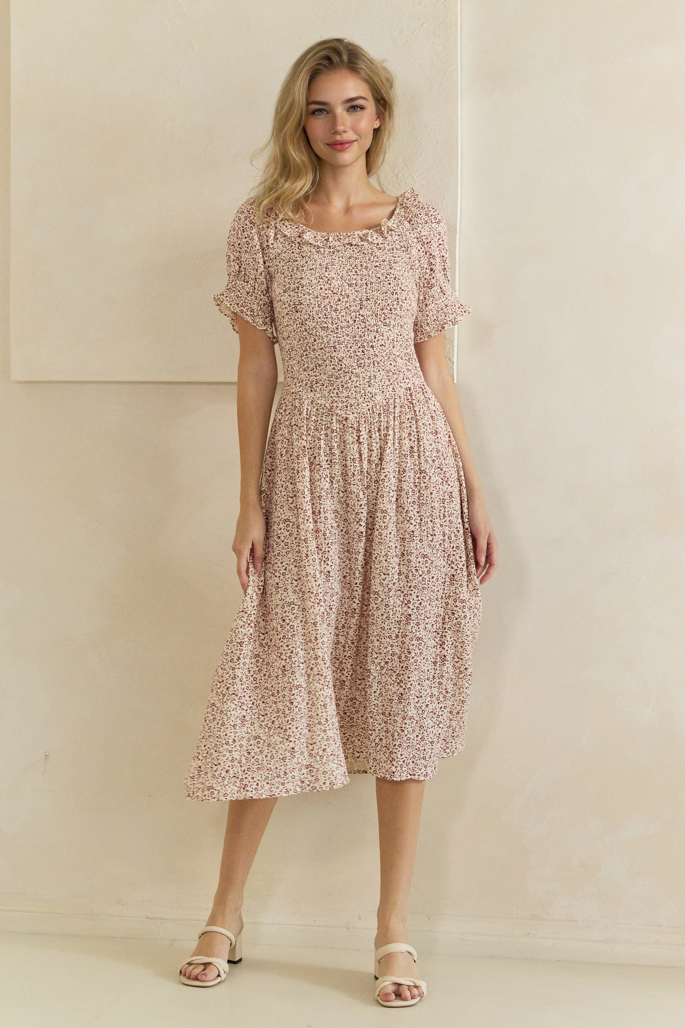 Ditsy Floral Smocked Ruffle Sleeve Midi Dress