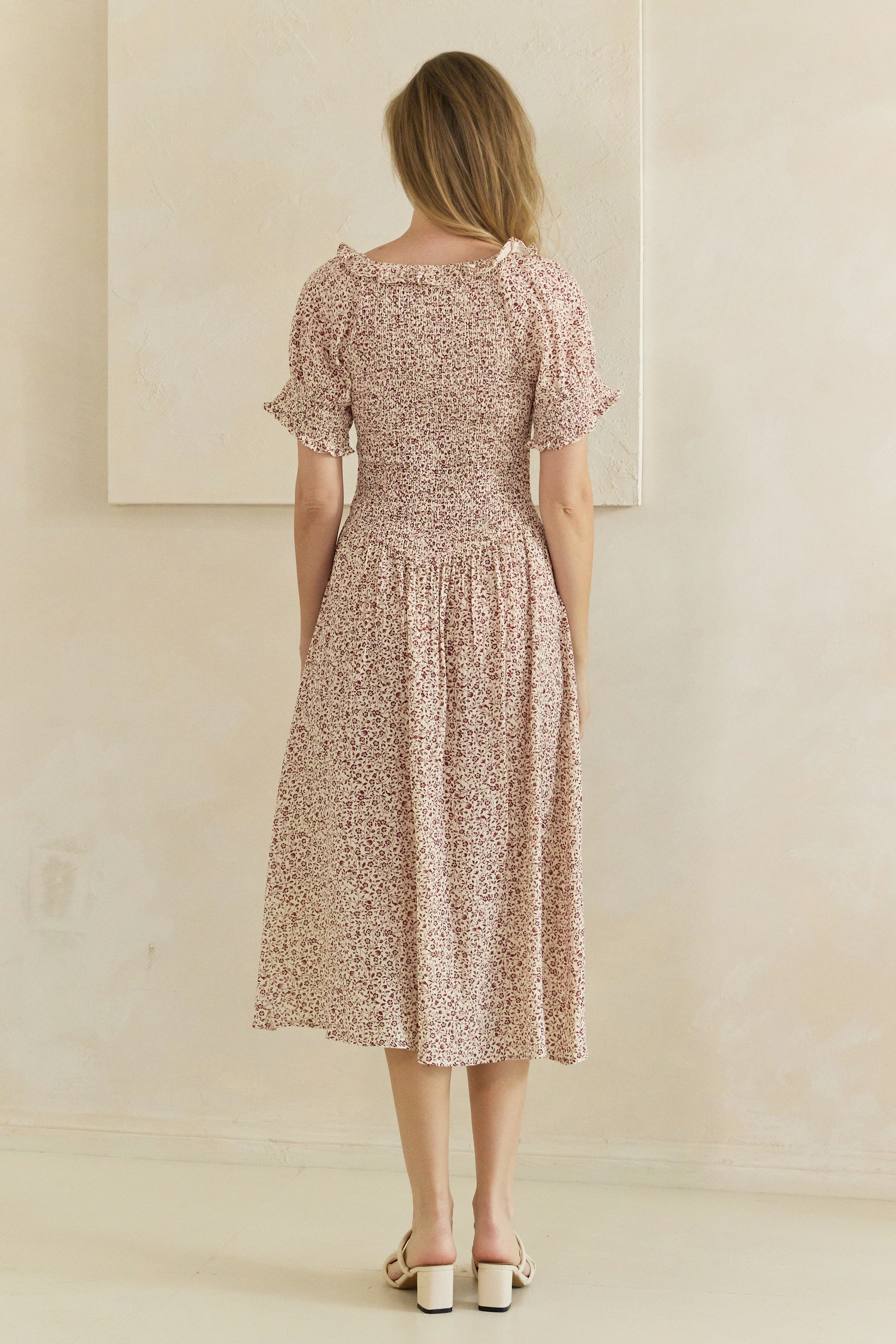 Ditsy Floral Smocked Ruffle Sleeve Midi Dress