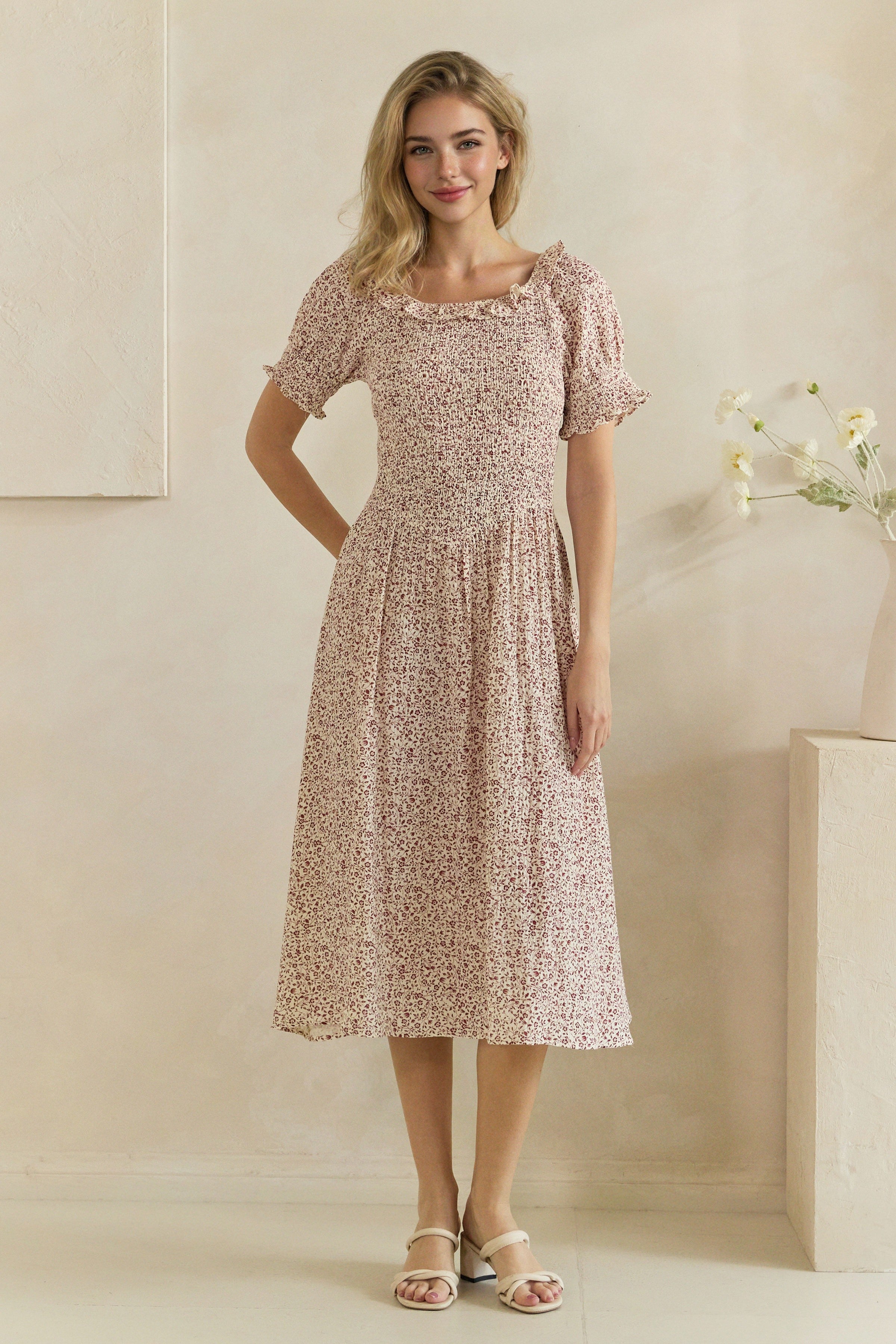 Ditsy Floral Smocked Ruffle Sleeve Midi Dress