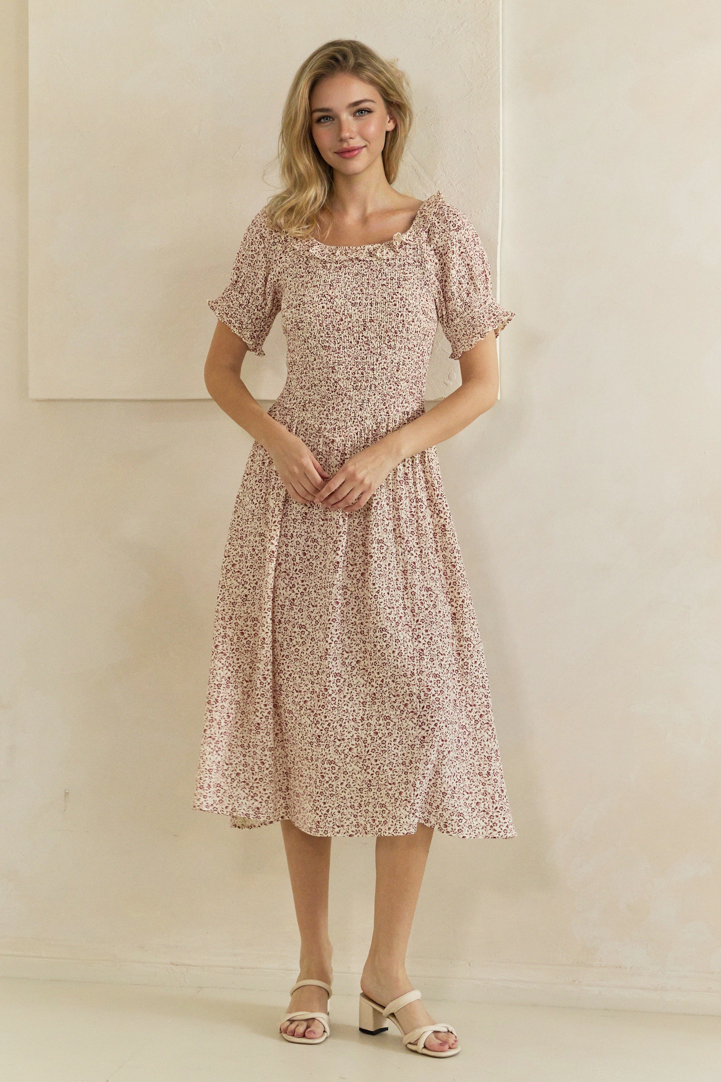 Ditsy Floral Smocked Ruffle Sleeve Midi Dress
