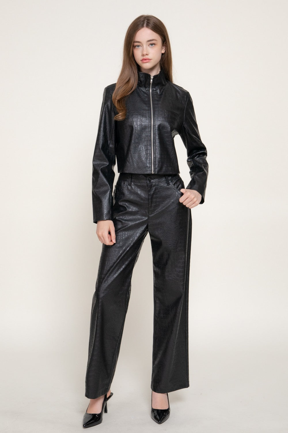 Crocodile Pattern Faux Leather Zip Up Jacket