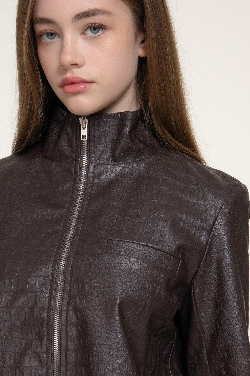 Crocodile Pattern Faux Leather Zip Up Jacket