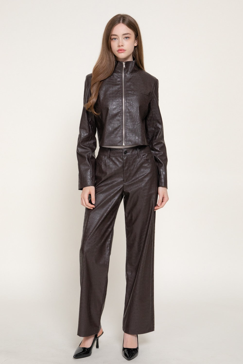 Crocodile Pattern Faux Leather Zip Up Jacket